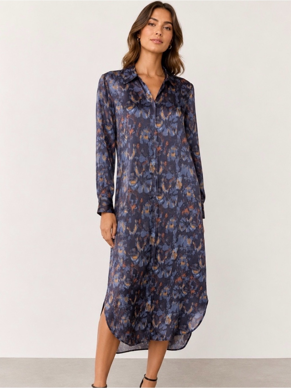 Button-Front Midi Shirt Dress in Navy Floral